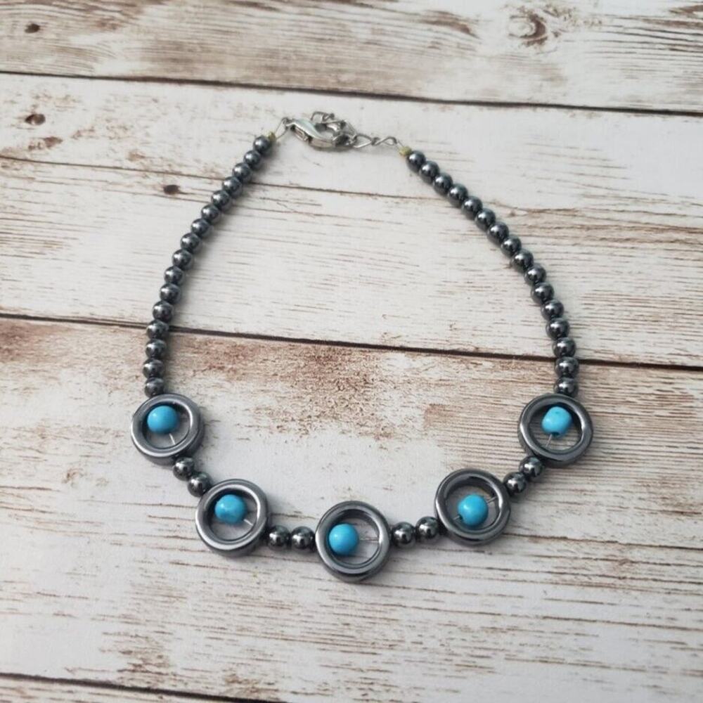 Dark Grey Metallic Beads - Turquoise Tone Beads Bracelet Clasp Closure